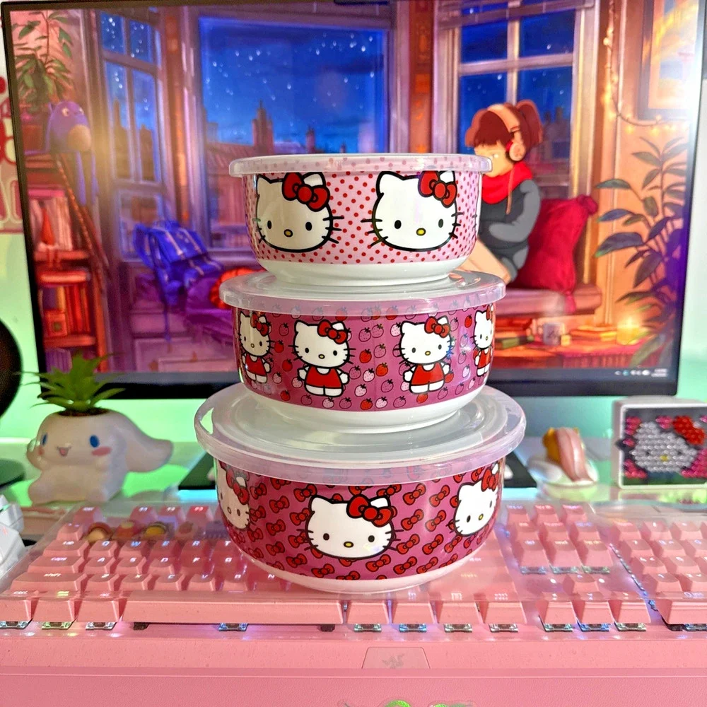 Sanrio Hello Kitty Ceramic Food Storage Bowls Set Lid Strawberry S M L 2023 READ